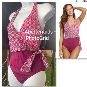 NEW Lauren R Lauren Tile Abstract Print OnePiece Slimming Wrap Halter Swimsuit 4